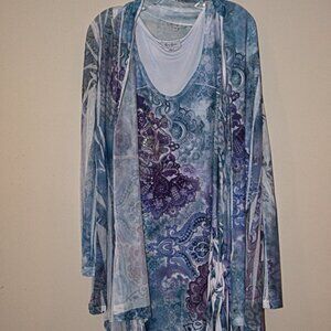 Cover Charge Blue/Purple Paisley and Rhinestone Dress With Sheer Cardigan 1XL